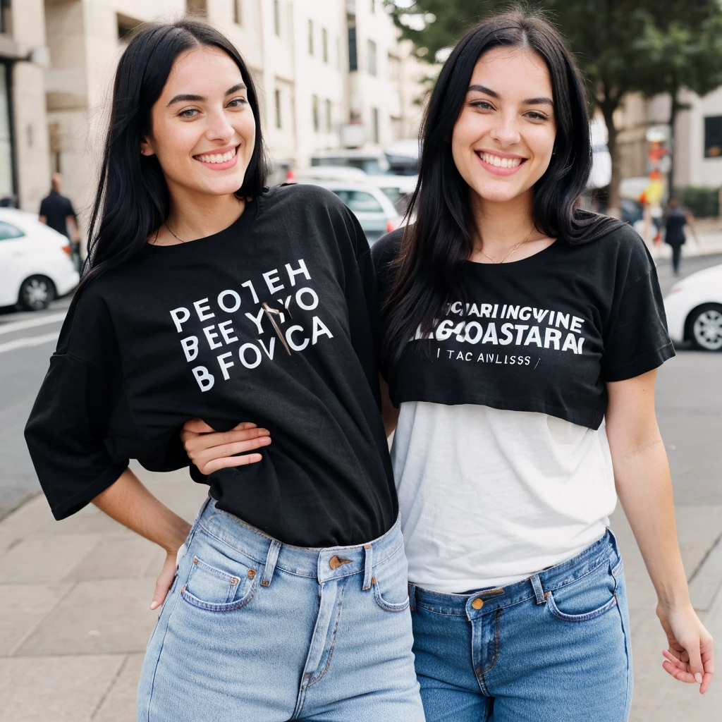 A hyper realistic image of a beautiful young Caucasian woman with  round face, black hair, smiling. She is wearing a plain (baggy) t-shirt and jeans. In street. (Modest dressing) properly dressed. (((Number of persons:1)))