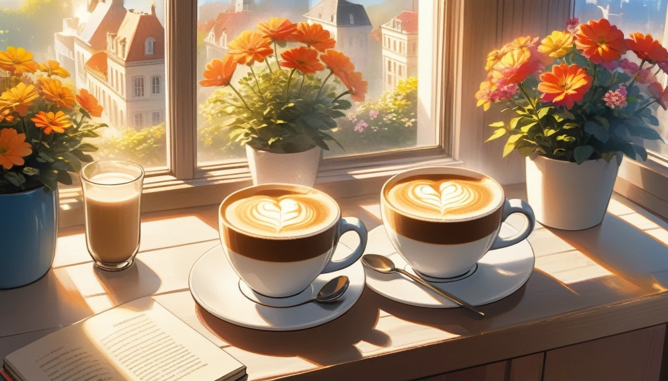 Create an image of a cozy morning scene viewed from a windowsill, featuring a ceramic cup with a latte art design on it, some bright flowers in a pot in bloom. Include details such as warm sunlight coming through the glass pane, and an open book next to the cup. Add a freshly baked croissant beside the cup. and outside the window, depict a beautiful city with historic architecture under a bright blue sky.