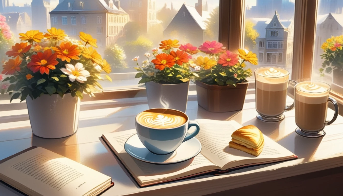 Create an image of a cozy morning scene viewed from a windowsill, featuring a ceramic cup with a latte art design on it, some bright flowers in a pot in bloom. Include details such as warm sunlight coming through the glass pane, and an open book next to the cup. Add a freshly baked croissant beside the cup. and outside the window, depict a beautiful city with historic architecture under a bright blue sky.