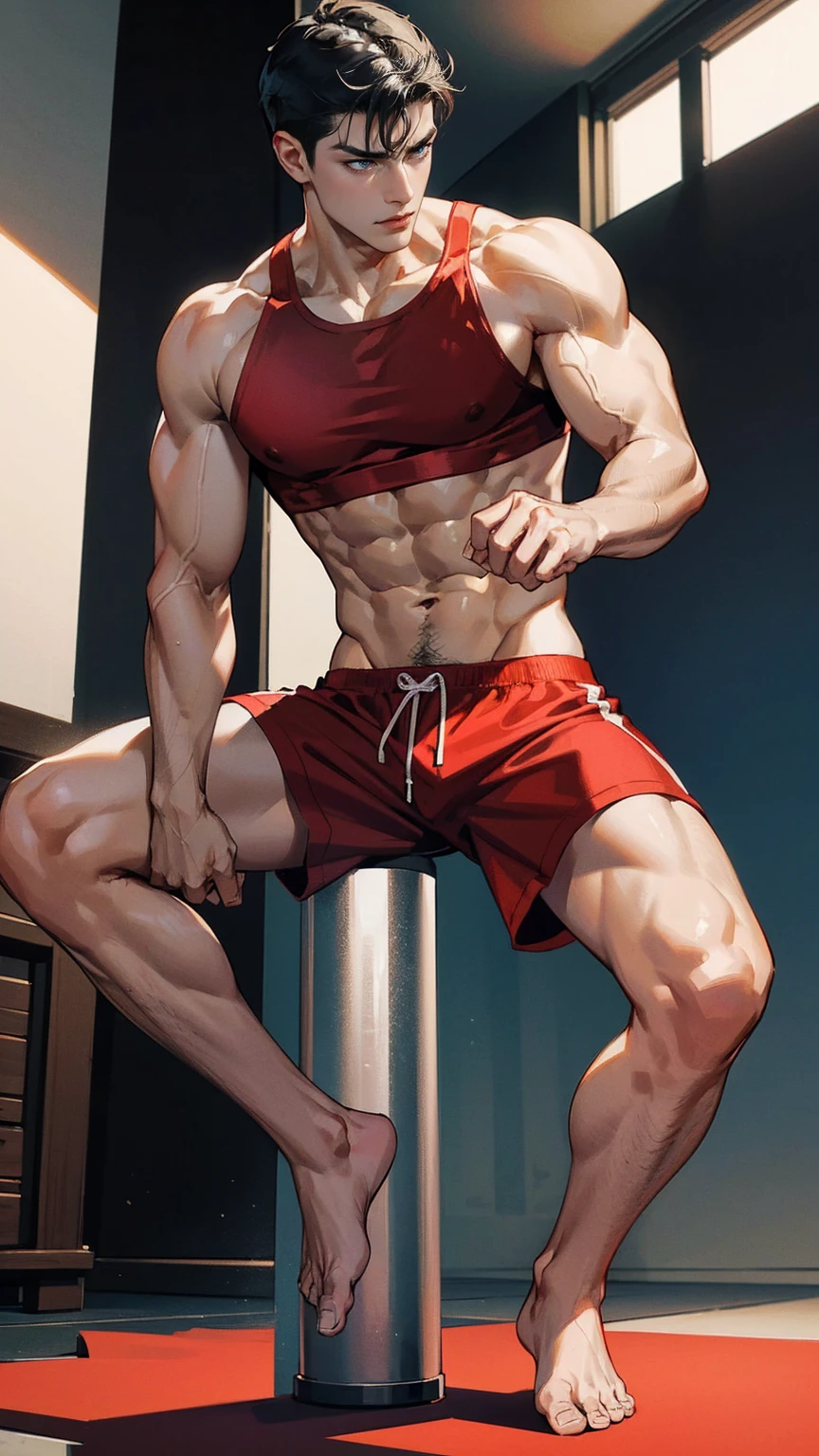 Black-haired Chico, Blue eyes, serious and seductive look, muscular, hot and sexy sweaty body, shirtless,wearing short red shorts, barefoot, crouched on the floor