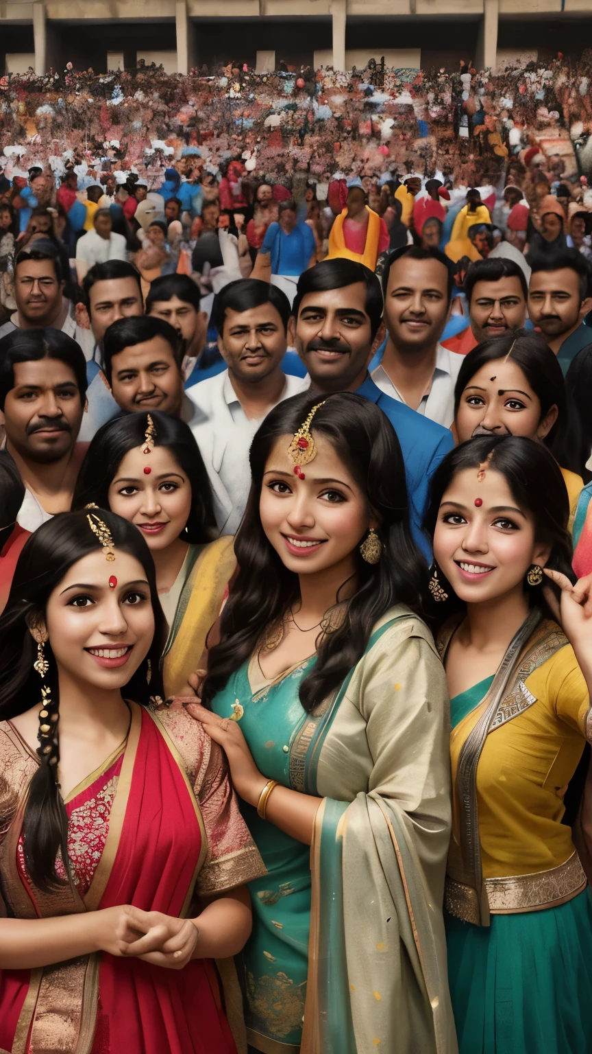 ((best quality)), ((masterpiece)), (detailed), An illustration of a diverse crowd of people with big smiles on their faces, representing happiness and satisfaction. The people are wearing casual Indian clothing.