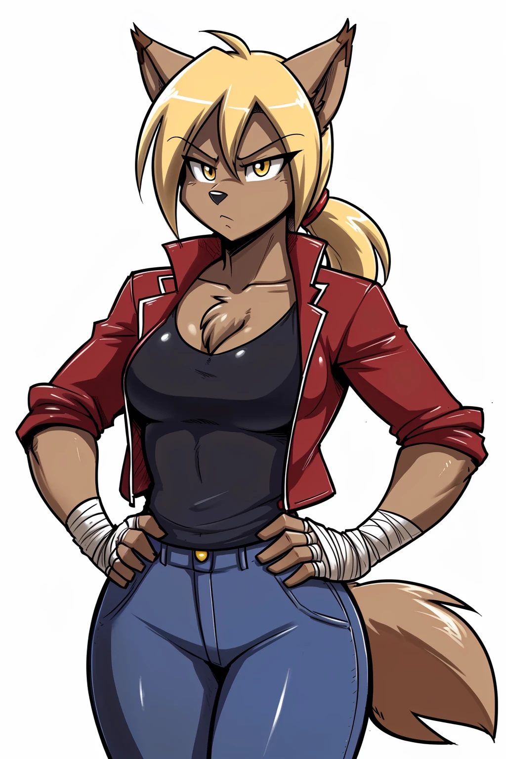 (adult, sketch-ish, 2d, absurdres, best quality, uploaded on e621), (by uc77, by zeekzag, by skidd, by john joseco, by kadath, by bigdad, by shonuff, by scappo), ((white background, no background:1.4)), (waist portrait, manga styled, manga styled eyes, intense pupils, getter robo styled eyes), solo, (female:1.2), (chest tuft:1.3), (anthro, furry brown wolf, single color body), (breasts), ((brown fur, brown body, brown tail, brown ears:1.5)), (medium-length hair with ponytail, blonde hair:1.1), (eyelashes, yellow eyes), (blue waist-length jacket with black tank top, red jacket:1.4), (blue jeans), (slightly mad, tsundere, stern, strict, serious), (cute), small tail, (hand on hip, white hand wraps around hands:1.3)