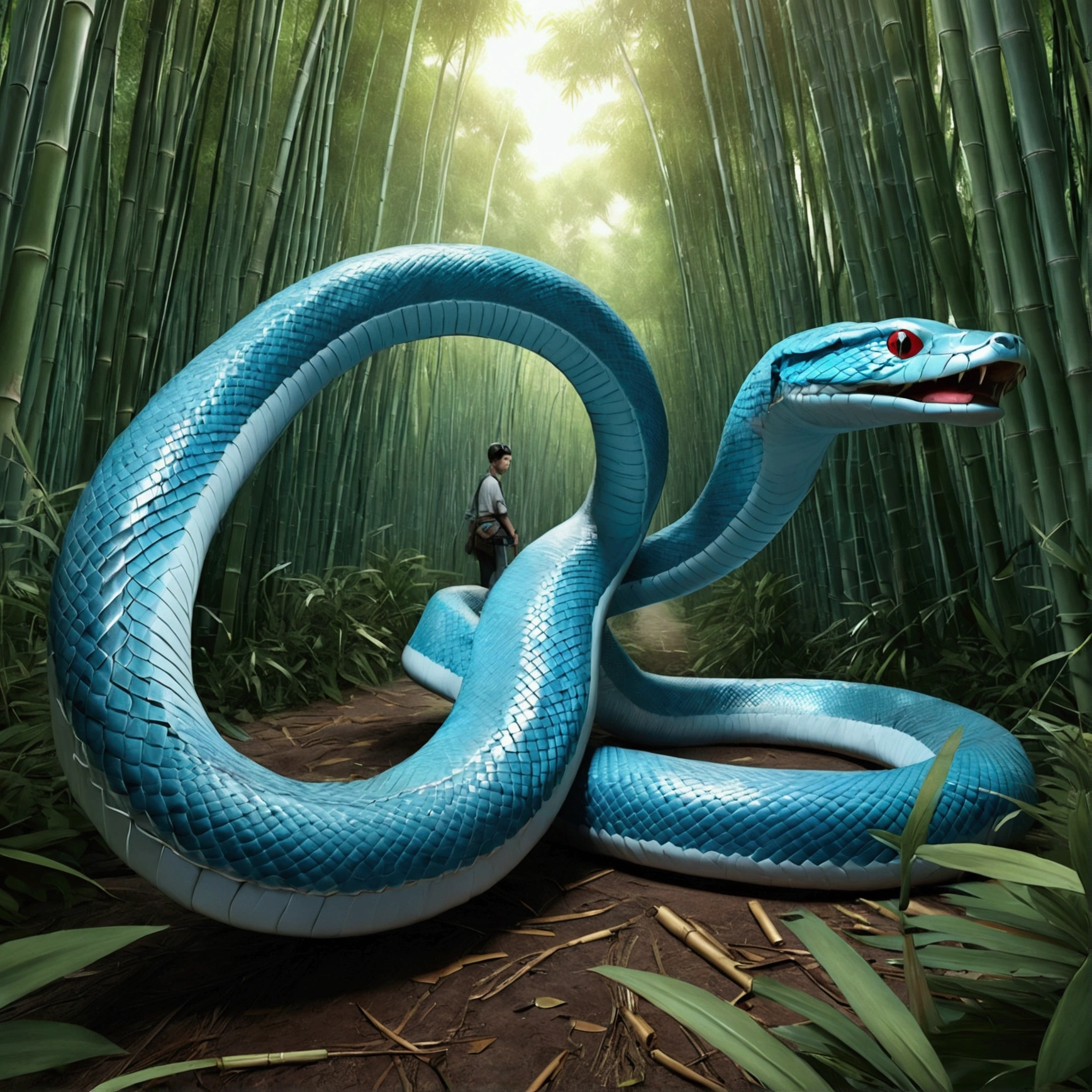 Entangled in a huge pale blue snake,in bamboo forest,Folk suspense comic book style,SENSE OF CINEMA,photorealestic,。.3D, scaled wings