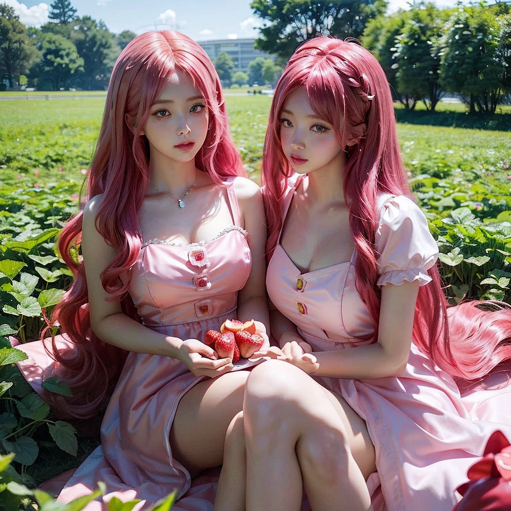 Pink-haired common girl sitting in a field of strawberries, Belle Delphine, Red wig, Anime girl cosplay, Anime barbie doll, Anime girl in real life, featuring.faircore, Beautiful anime style, Curly pink hair, Long flowing pink hair, Pink and red color pattern, Kawaii hair style, anime cosplay, Beautiful pink little strange girl, With curly red hair