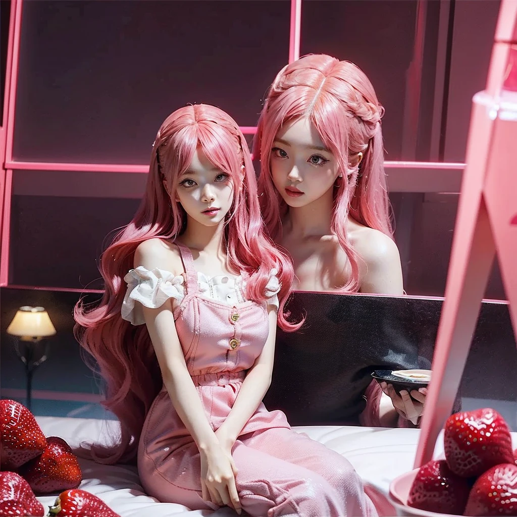 Pink-haired common girl sitting in a field of strawberries, Belle Delphine, Red wig, Anime girl cosplay, Anime barbie doll, Anime girl in real life, featuring.faircore, Beautiful anime style, Curly pink hair, Long flowing pink hair, Pink and red color pattern, Kawaii hair style, anime cosplay, Beautiful pink little strange girl, With curly red hair