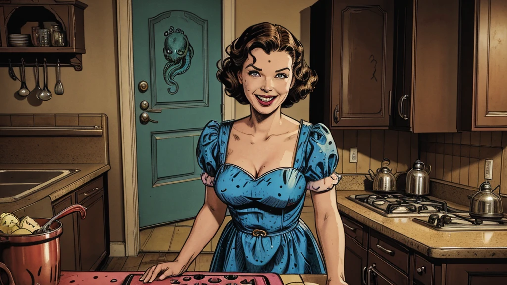 The vintage advertisement appears to celebrate 1950s domesticity at first glance. In the foreground, a smiling housewife poses holding a vintage vacuum, embodying the can-do attitude of the era's homemakers. She wears a classic polka-dot dress with a modest sweetheart neckline that hints at her shapely figure. Perfectly coiffed brunette curls frame her made-up face.
However, a closer look reveals a darker, sinister presence. Looming behind the housewife, visible through the open doorway of her cheerful kitchen, is the unmistakable form of a grotesque, multi-tentacled monster straight out of a sci-fi horror tale. Tentacled monster, tentacled monster, tentacled monster, tentacled monster.
The creature's putrid, gelatinous flesh seems to slough from its pulsating form, already staining the cheerful checkerboard tiles. Countless grotesque appendages whip through the air, knocking over cherry-red kitchen accessories. One deformed tentacle, lined with rows of serrated fangs, creeps ever closer to the oblivious housewife.
But the homemaker's plastic smile remains unwavering, her upbeat pose entirely at odds with the literal kitchen nightmare unfolding behind her. The vacuum she holds looks comically inadequate against the spawning abomination.
The bold text overlay reads: "With Maybelle's, Even Cosmic Horrors Are No Match for a Housewife's Gumption!" The tagline jarringly combines the idyllic 1950s household with a hint of schlocky, drive-in movie camp.
Blending the saccharine-sweet feminine ideals of the era with a full-blown sci-fi monster invasion, the advertisement presents a deliriously incongruous juxtaposition of prim domesticity and terrifying, tentacled chaos.