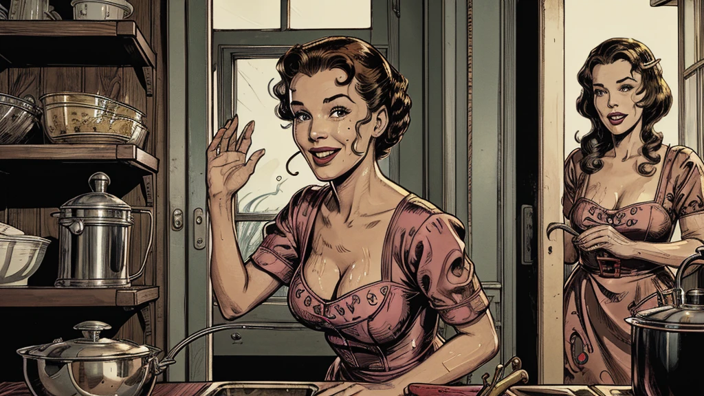 The vintage advertisement appears to celebrate 1950s domesticity at first glance. In the foreground, a smiling housewife poses holding a vintage vacuum, embodying the can-do attitude of the era's homemakers. She wears a classic polka-dot dress with a modest sweetheart neckline that hints at her shapely figure. Perfectly coiffed brunette curls frame her made-up face.
However, a closer look reveals a darker, sinister presence. Looming behind the housewife, visible through the open doorway of her cheerful kitchen, is the unmistakable form of a grotesque, multi-tentacled monster straight out of a sci-fi horror tale. Tentacled monster, tentacled monster, tentacled monster, tentacled monster.
The creature's putrid, gelatinous flesh seems to slough from its pulsating form, already staining the cheerful checkerboard tiles. Countless grotesque appendages whip through the air, knocking over cherry-red kitchen accessories. One deformed tentacle, lined with rows of serrated fangs, creeps ever closer to the oblivious housewife.
But the homemaker's plastic smile remains unwavering, her upbeat pose entirely at odds with the literal kitchen nightmare unfolding behind her. The vacuum she holds looks comically inadequate against the spawning abomination.
The bold text overlay reads: "With Maybelle's, Even Cosmic Horrors Are No Match for a Housewife's Gumption!" The tagline jarringly combines the idyllic 1950s household with a hint of schlocky, drive-in movie camp.
Blending the saccharine-sweet feminine ideals of the era with a full-blown sci-fi monster invasion, the advertisement presents a deliriously incongruous juxtaposition of prim domesticity and terrifying, tentacled chaos.