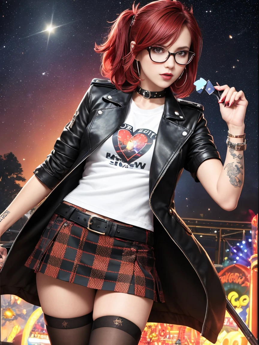 Magic: The Gathering, ((Board game card design)), ((stockings: 1.2)), h short hair, black eyes, wearing red glasses, she is wearing earrings and strings. She is dressed like a punk rocker. ( She is wearing a white t-shirt with a rock band print, a plaid skirt and a leather jacket with tattoos, pantyhose ), ( and is riding in a brightly lit amusement park on a starry night ), ((( parading, standing )))