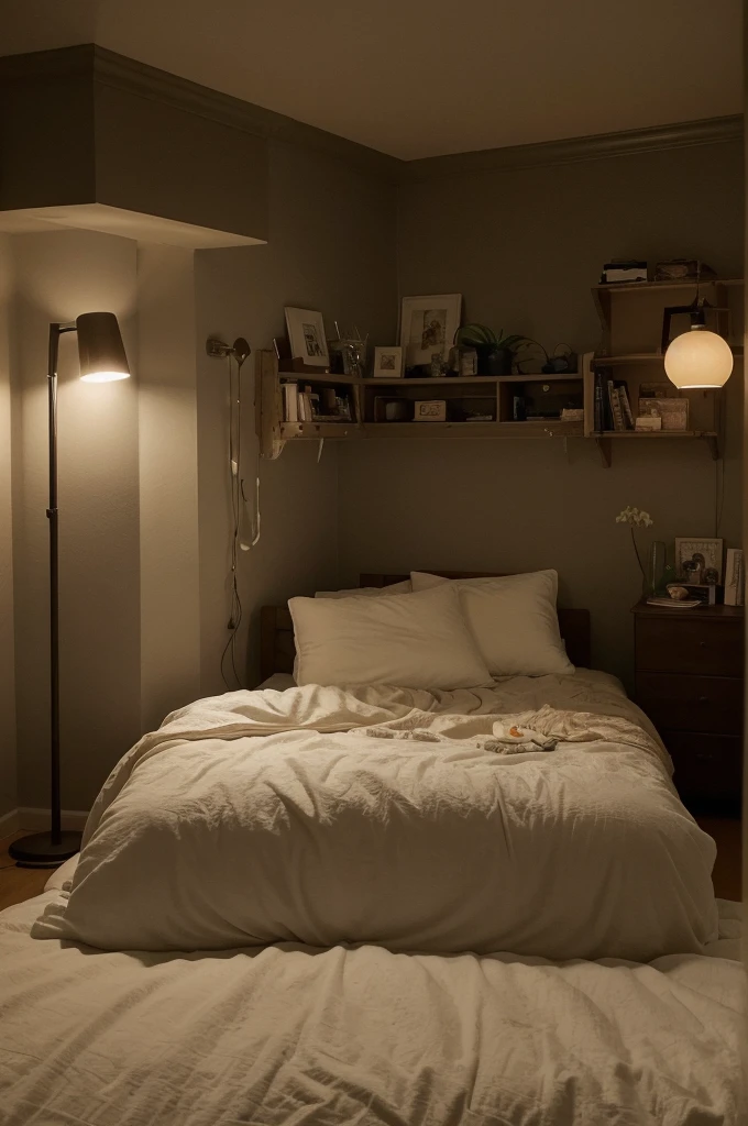 This bedroom has a cozy and intimate atmosphere, perfect for relaxation and sleep. The room features a large window that overlooks a rainy cityscape, providing a moody and calming backdrop. The bed is covered with soft blankets and pillows, and a cat is peacefully resting on it, adding to the cozy vibe. 

The room is decorated with various framed pictures on the wall, and there are warm, ambient lights and small lamps that create a soft glow. The bedside area is cluttered with books and plants, giving the space a lived-in and personal feel. The overall aesthetic is warm and inviting, making it an ideal spot for a restful night's sleep.