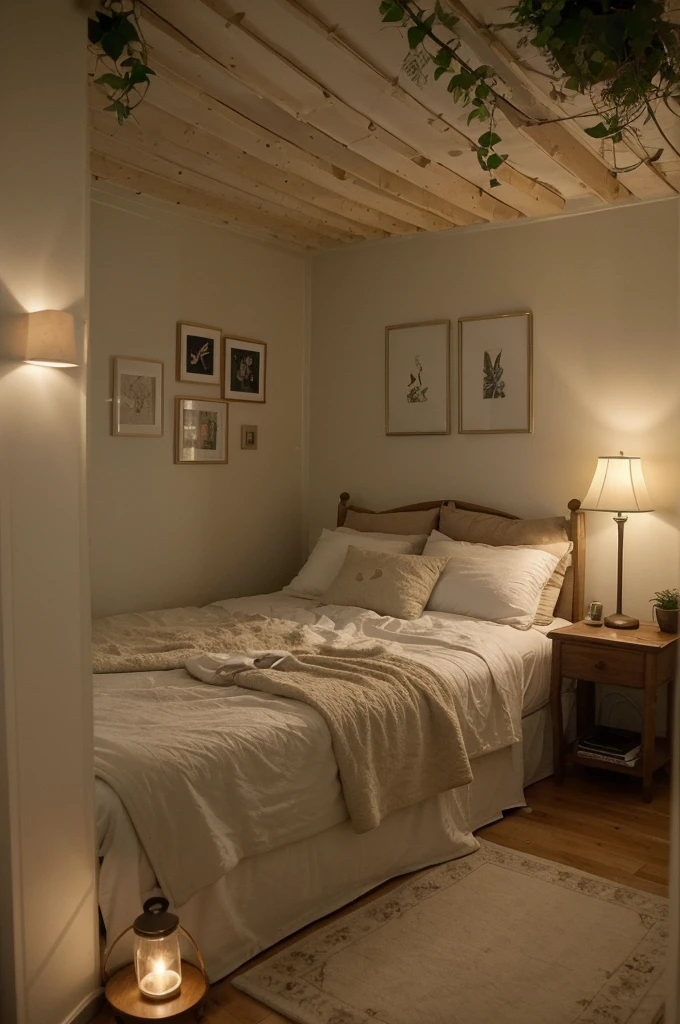 This bedroom has a cozy and intimate atmosphere, perfect for relaxation and sleep. The room features a large window that overlooks a rainy cityscape, providing a moody and calming backdrop. The bed is covered with soft blankets and pillows, and a cat is peacefully resting on it, adding to the cozy vibe. 

The room is decorated with various framed pictures on the wall, and there are warm, ambient lights and small lamps that create a soft glow. The bedside area is cluttered with books and plants, giving the space a lived-in and personal feel. The overall aesthetic is warm and inviting, making it an ideal spot for a restful night's sleep.
