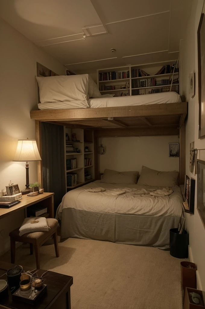 This bedroom has a cozy and intimate atmosphere, perfect for relaxation and sleep. The room features a large window that overlooks a rainy cityscape, providing a moody and calming backdrop. The bed is covered with soft blankets and pillows, and a cat is peacefully resting on it, adding to the cozy vibe. 

The room is decorated with various framed pictures on the wall, and there are warm, ambient lights and small lamps that create a soft glow. The bedside area is cluttered with books and plants, giving the space a lived-in and personal feel. The overall aesthetic is warm and inviting, making it an ideal spot for a restful night's sleep.