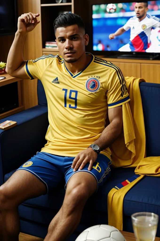 Man dressed elegantly in a Colombia national team t-shirt watching the Colombian national soccer team match on television