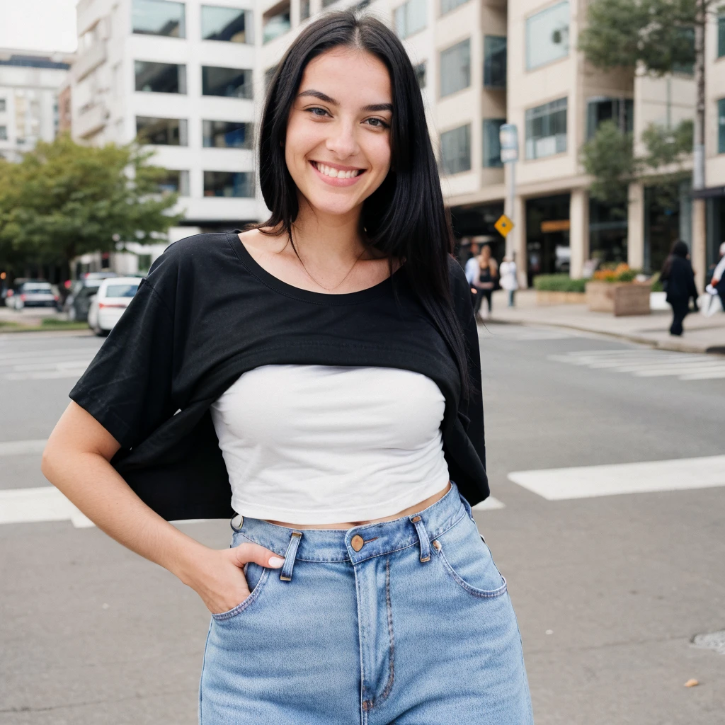 A hyper realistic image of a beautiful young Caucasian woman with round face, black hair, smiling. She is wearing a plain (baggy) t-shirt and jeans. In street. (Modest dressing) properly dressed. (((Number of persons:1)))