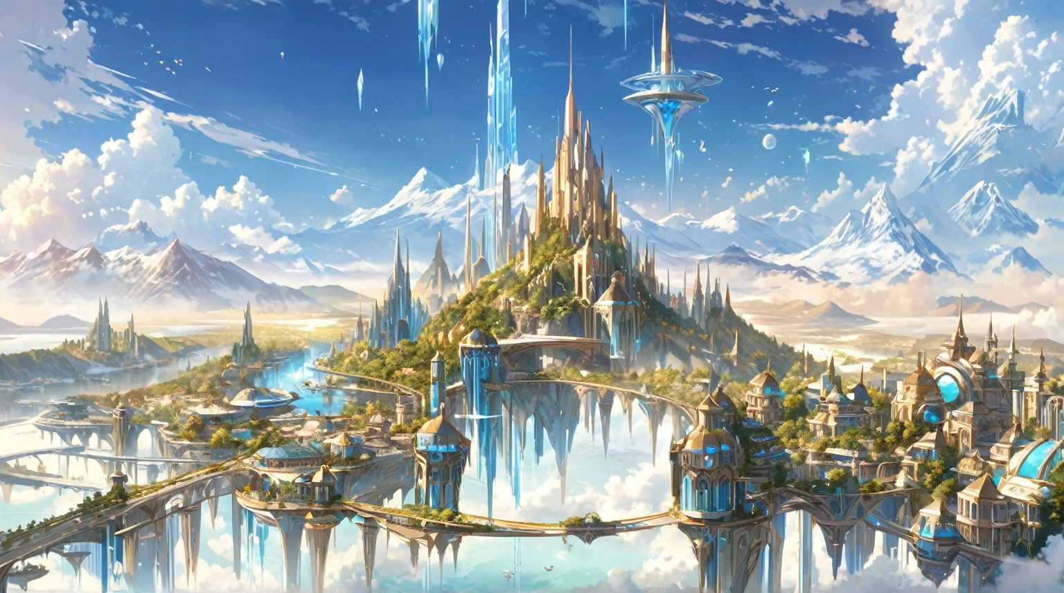 masterpiece, best quality, good quality, Fantasy aesthetics, Highly detailed, beautiful lanscape, floating futuristic fantasy city, icy mountain with river