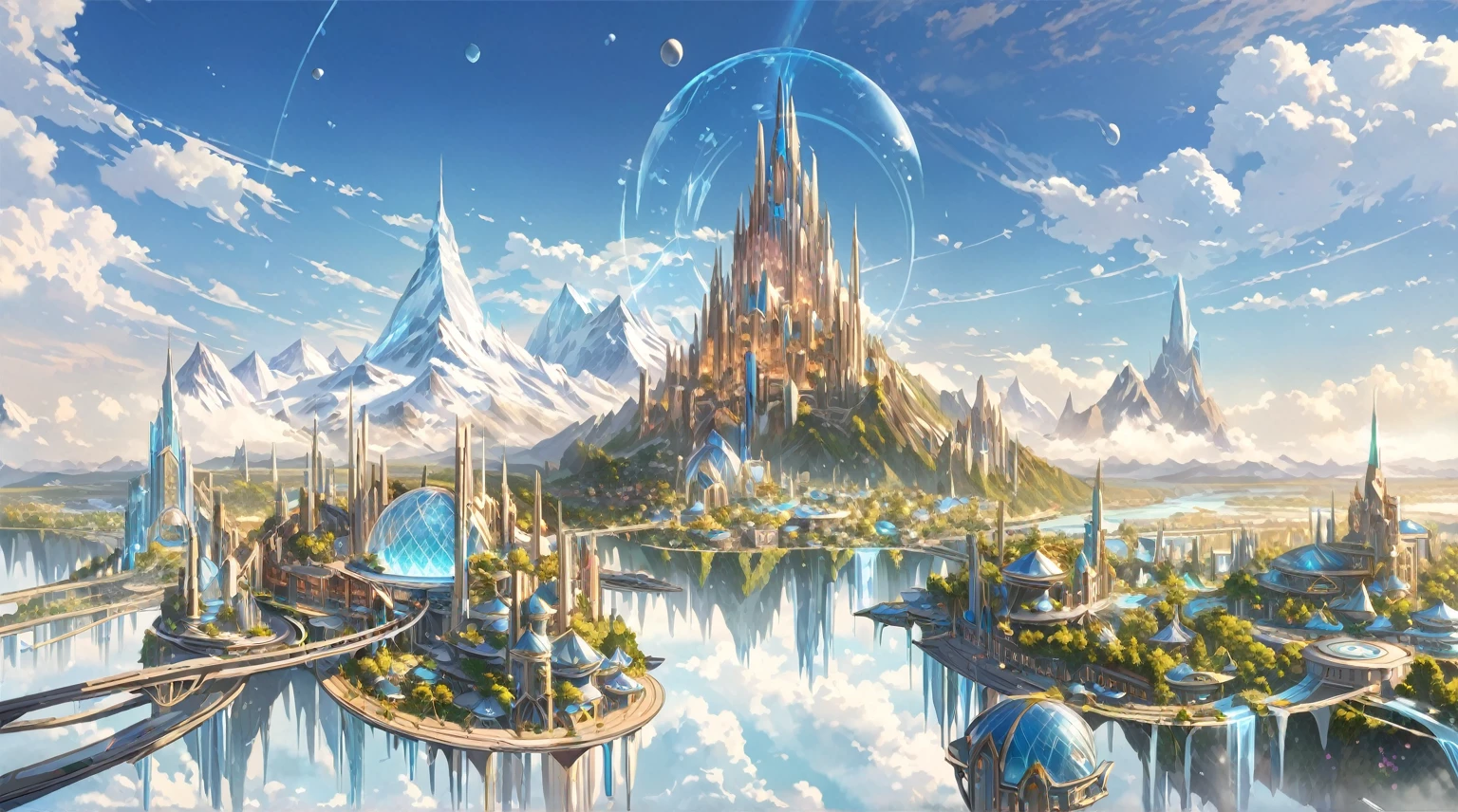 masterpiece, best quality, good quality, Fantasy aesthetics, Highly detailed, beautiful lanscape, floating futuristic fantasy city, icy mountain with river