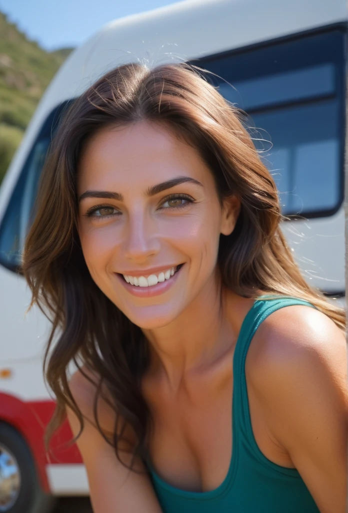 ((1 Spanish girl)), (Laia Manzanares) (35 years old), Ethereal beauty, beautiful eyes, flirtatious smileLong, slick hair, muscularly trained body, in holiday with a camping bus, best quality, photorealestic, 8K, high resolution, Ultra-realistic, detailed skin, 8K uhd, dslr, Sanftes Lichting, good quality, film grain, Fujifilm XT3