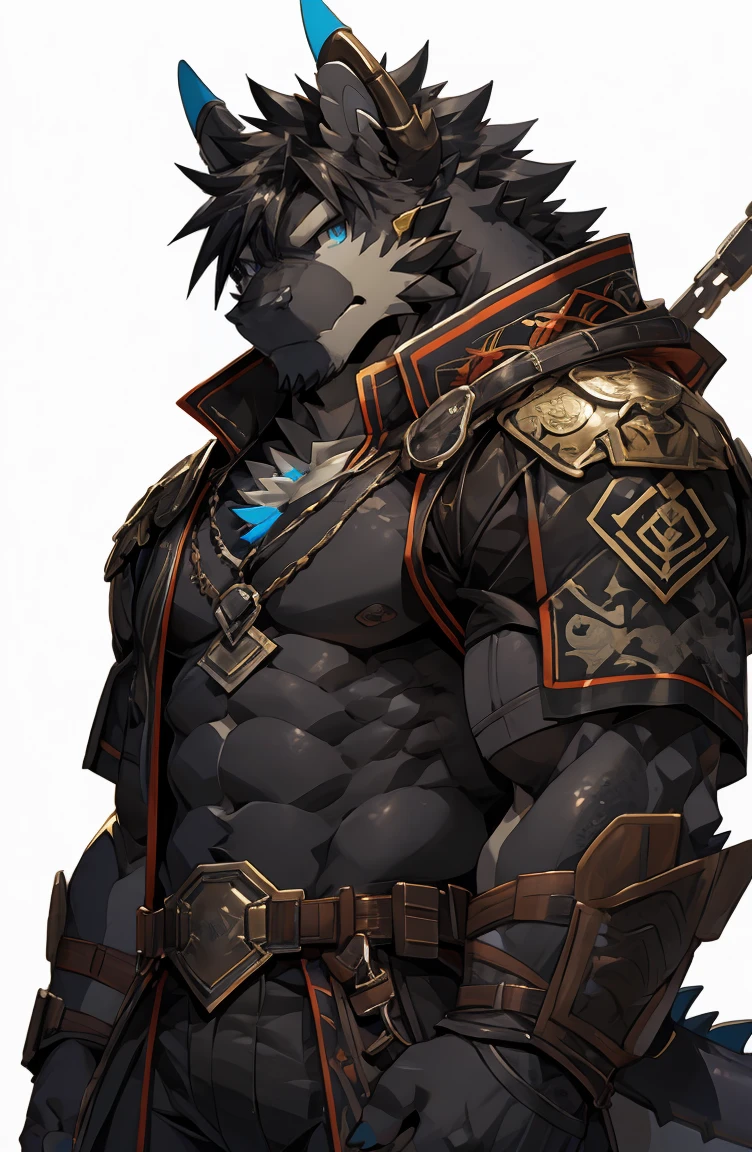 (by sollyz),dragon,white and black body,detail face, detail eyes, detail,male,(naked),pants,furry, short hair,(mercenary)
,blue eyes,black body,black hair,handsome,simple background,
strong,epic,