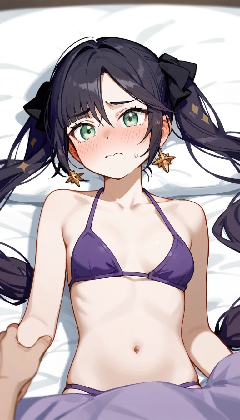 masterpiece,Ultra HD,score_4_onBREAK source_anime,可愛いanimeイラスト, One Girl, alone, Mona XL, Long black hair, Green Eyes, tsurime, Twin tails, Medium Chest, View your audience,Embarrassed,Bed,Lying down,Purple Bikini,nsfw,A man approaches