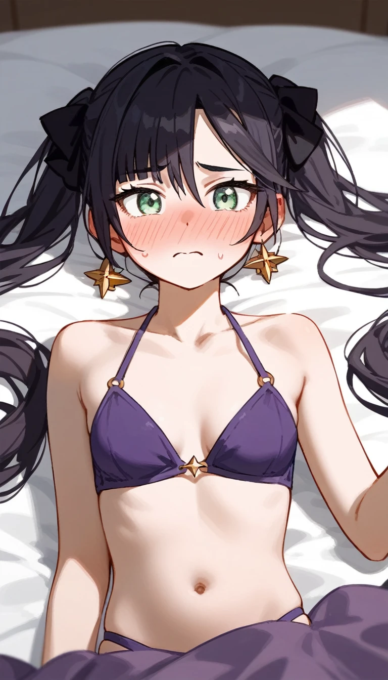 masterpiece,Ultra HD,score_4_onBREAK source_anime,可愛いanimeイラスト, One Girl, alone, Mona XL, Long black hair, Green Eyes, tsurime, Twin tails, Medium Chest, View your audience,Embarrassed,Bed,Lying down,Purple Bikini,nsfw,A man approaches