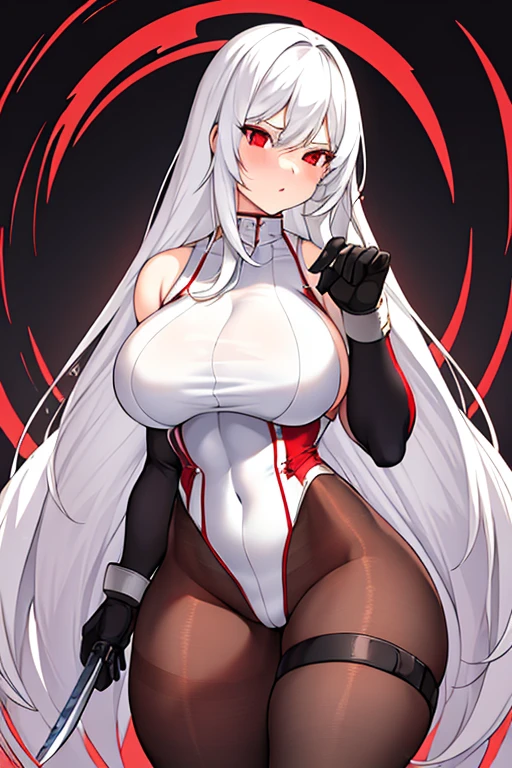 1girl, white hair, long hair, red eyes, serious, glowing eyes, large breasts, thick thighs, mature female, athletic female, toned, leotard, black leotard, thighhighs, belt, knife, knifes, pantyhose, ((belt)), black pantyhose, fur trim, fur