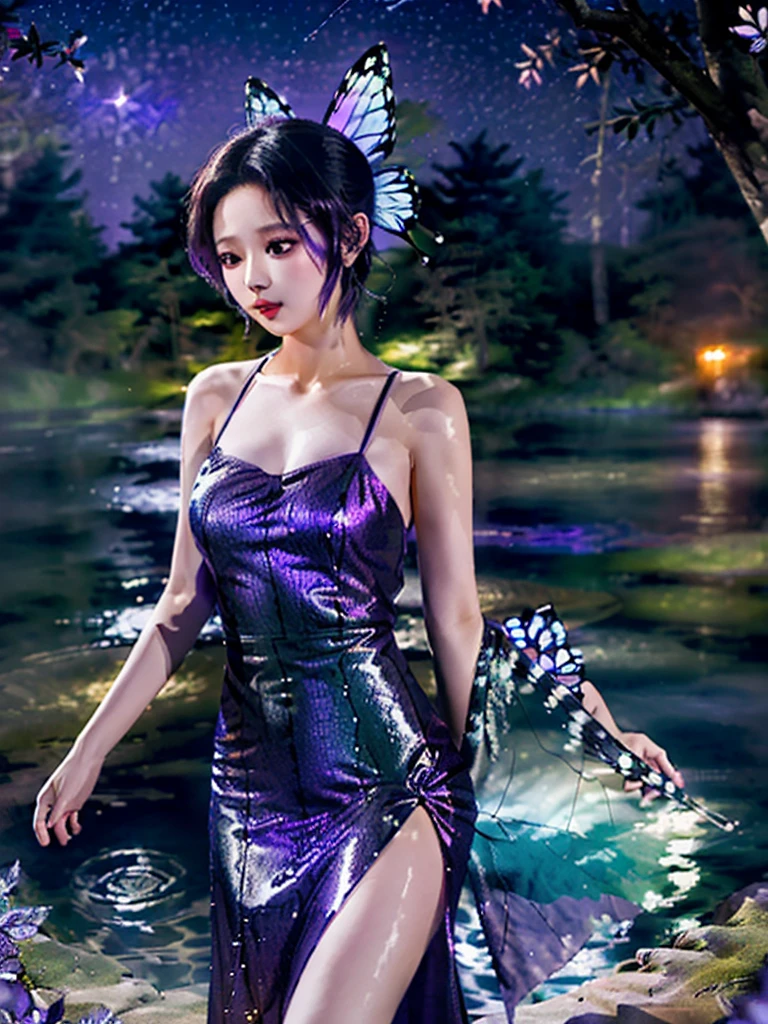 High quality photo,right lips and eye's, (not any mistakes) beautiful shinobu kocho, wearing glittering purple short party dress, angelic, , elegant and graceful, butterfly, sparkling, at a night forest moonlight river side