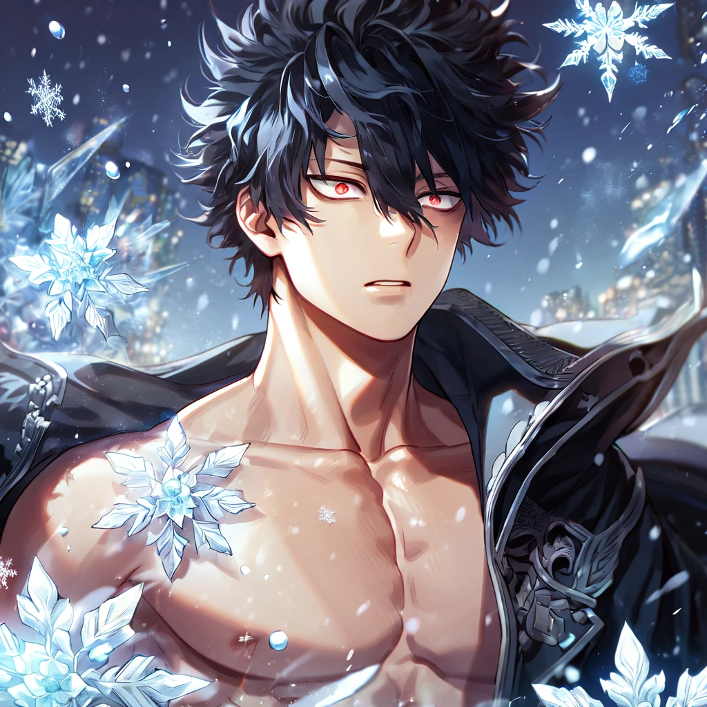 absurd resolution, high resolution, ultra detailed, extremely detailed face, HDR, 8K, delicated features, Megumi, black hair, messy hair, short hair, hair between the eyes, expressive red eyes, Boku No Hero Academia, sexy man, solo, handsome, black coat, without shirt, fantasy, magical, magic, ice butterflies, snowing, snowflakes, ice lilies, glass