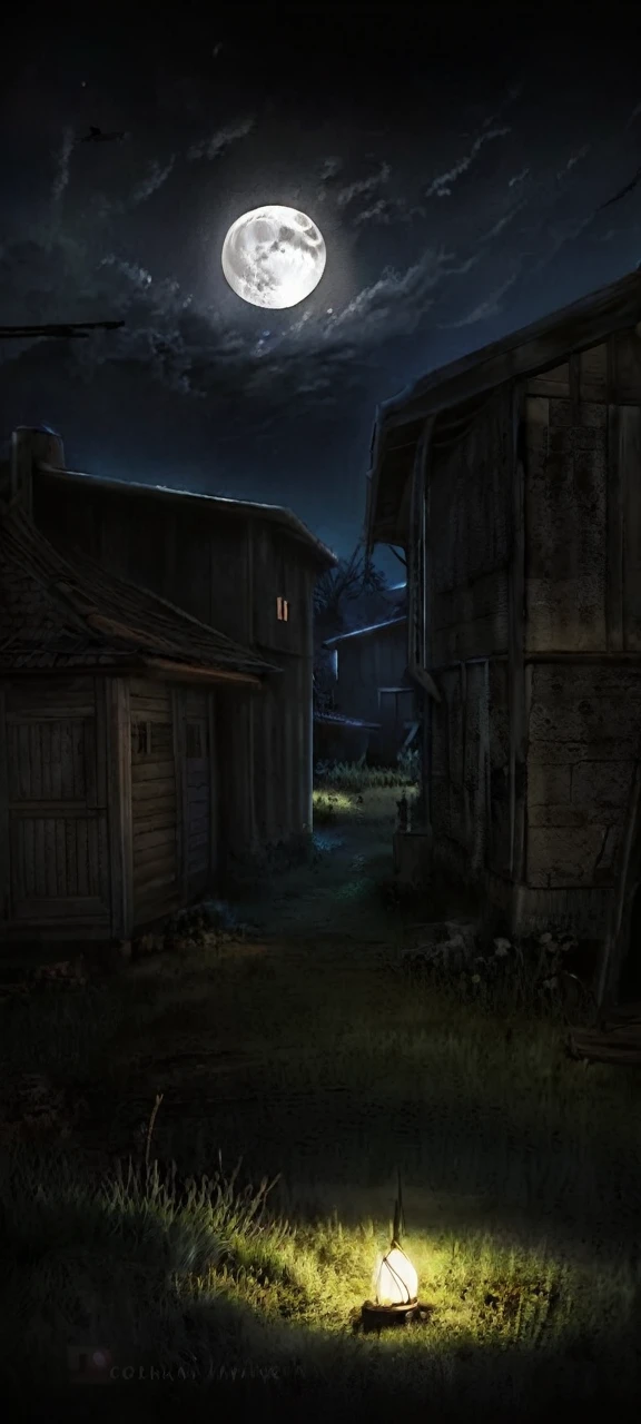 Create a night scene of an old abandoned village with dilapidated houses and empty streets. The village will look deserted and eerie, with shadows cast by the moonlight. The atmosphere should be gloomy and mysterious, with a sense of hidden secrets lurking in the dark. (8K, high detail, contrast, clear, focused, sharp)