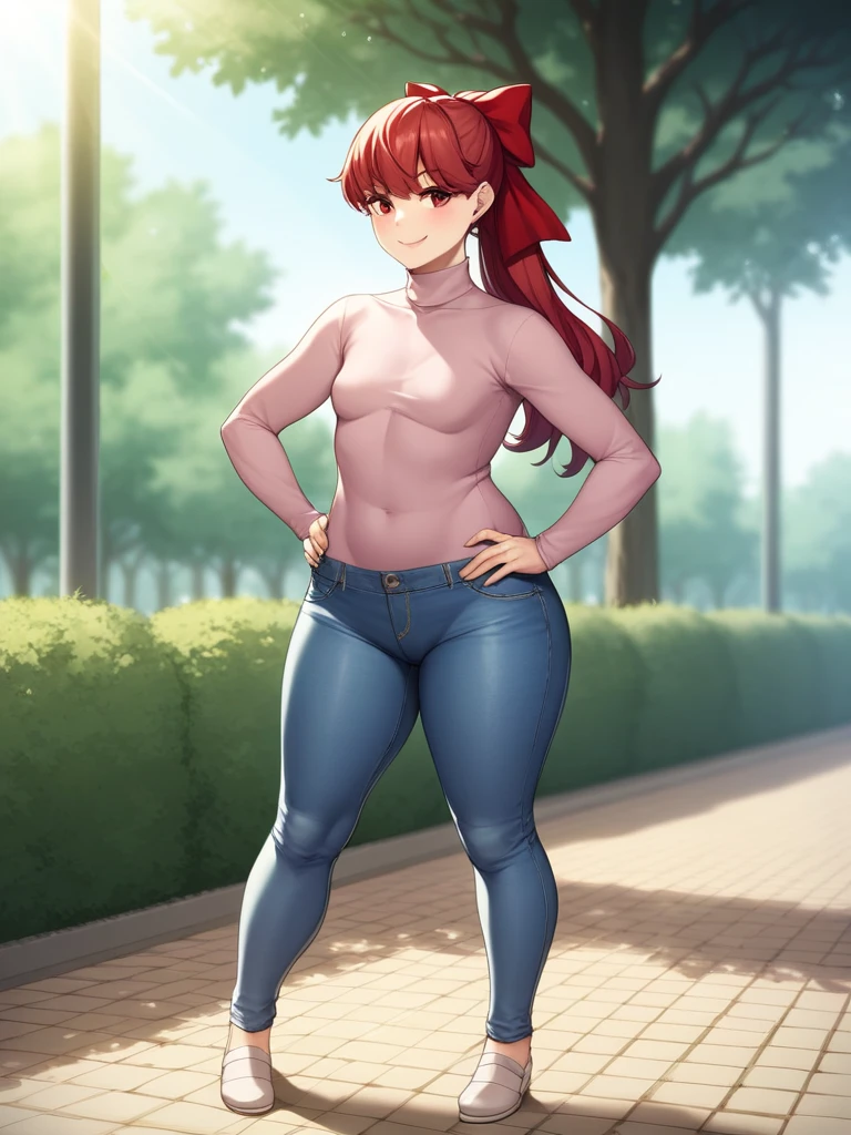 ((mature)), Kasumi Yoshizawa has become a mature woman, Realistic denim texture, chubby upper body but small breasts, dskasumi, red hair, long hair, ponytail, red eyes, hair bow, 1girl, solo, ((height 150cm)), thick thighs, Bow legs, Beautiful face but chubby face, Chubby kasumi yoshizawa, Hands on hips, Stand up straight, ((Full body)), (low head 1.5), A little chubby body type and small breasts, masterpiece, tight denim pants, ((small breasts)), thick legs++, Full body+, Solo, Swollen face, 1 woman, (white long sleeve tutleneck 1.5,) (tight turtle neck 1.5), white turtle neck, navy blue Denim pants, thick thighs, low rise navy blue denim pants, solo, simple background, masterpiece, best quality, black hair, A chubby figure that seems real, smile,
BREAK, red ribbon
outdoors, park, trees, dappled sunlight, depth of field, cinematic, game cg, official art, masterpiece, best quality