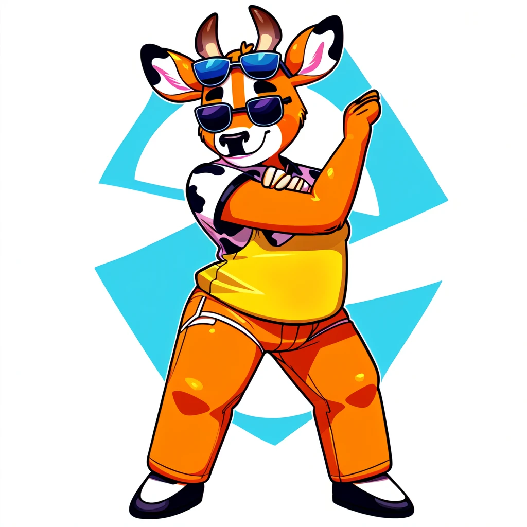 Just Dance,Wear a shirt、Wearing sunglasses、Cartoon cow full body mascot with arms crossed, ( cow wearing sunglasses, dancing character, Created using Adobe Illustrator, Teddy Fresh, Orange body, Created using Adobe Illustrator, Cartoon shading:15, Official Art, Merge roles, an anthropomorphic deer, Official illustrations, Full body clothing, Low resolution, posture