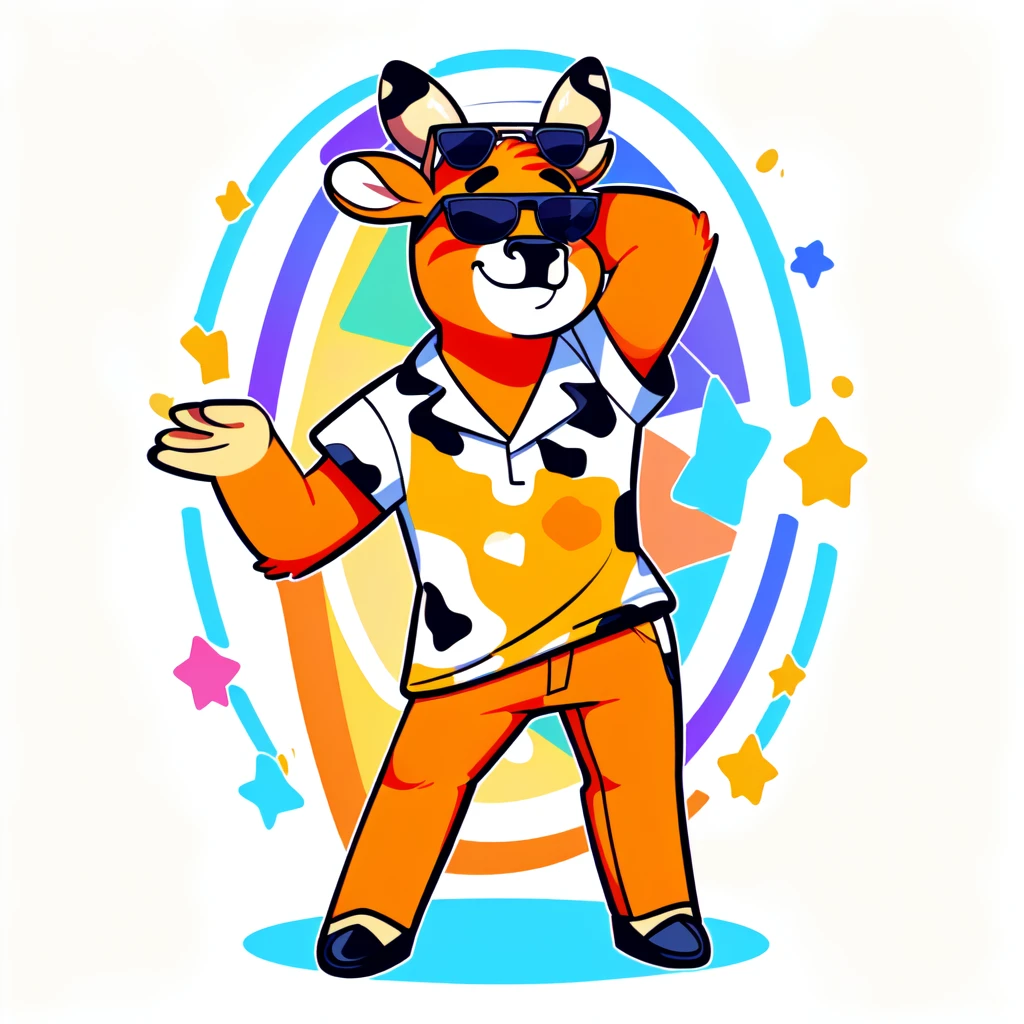 
Just Dance，Wear a shirt、Wearing sunglasses、Cartoon cow full body mascot with arms crossed, ( cow wearing sunglasses, dancing character, Created using Adobe Illustrator, Teddy Fresh, Orange body, Created using Adobe Illustrator, Cartoon shading:15, Official Art, Merge roles, an anthropomorphic deer, Official illustrations, Full body clothing, Low resolution, posture