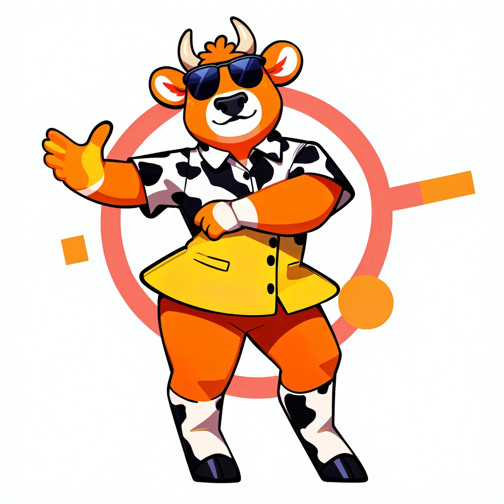 
Just Dance，Wear a shirt、Wearing sunglasses、Cartoon cow full body mascot with arms crossed, ( cow wearing sunglasses, dancing character, Created using Adobe Illustrator, Teddy Fresh, Orange body, Created using Adobe Illustrator, Cartoon shading:15, Official Art, Merge roles, an anthropomorphic deer, Official illustrations, Full body clothing, Low resolution, posture