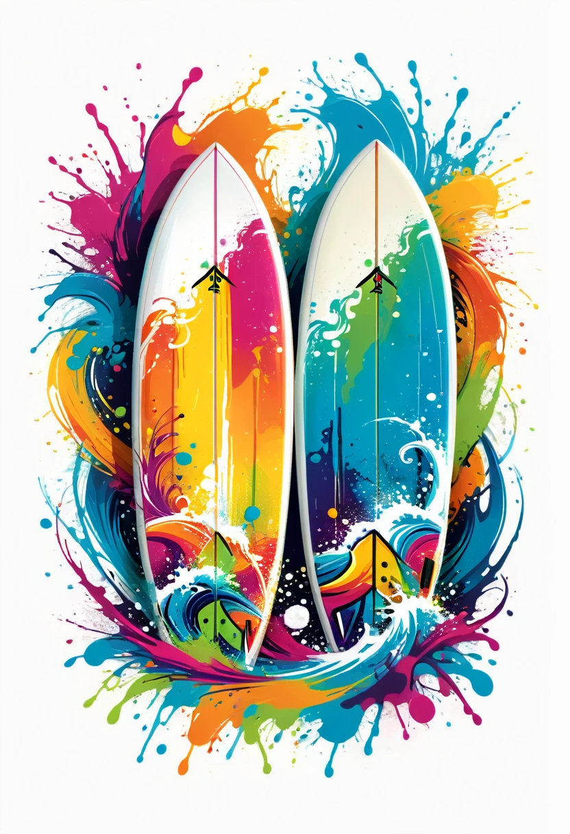 A t-shirt featuring vector art of a colorful illustration of two crossed surfboards , At the center, swirly vibrant colors, paint splashes and smears, high détail,White background
(artwork, best quality, proffesional, perfect composition, very aesthetic, absurdrez, super verbose, Intricate details:1.3)