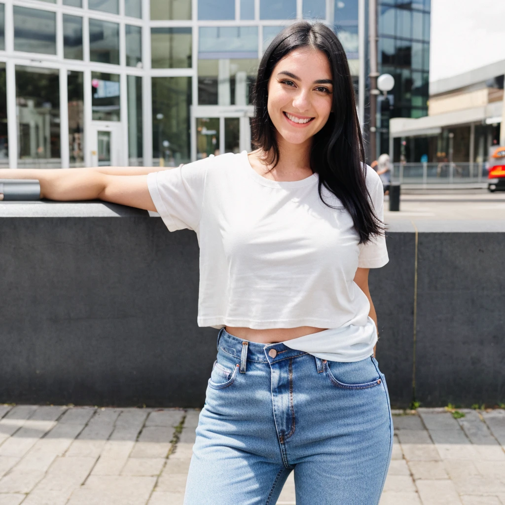 A hyper realistic image of a beautiful young Caucasian woman with round face, black hair, smiling. She is wearing a plain (baggy) t-shirt and jeans. In street. (Modest dressing) properly dressed. (((Number of persons:1)))