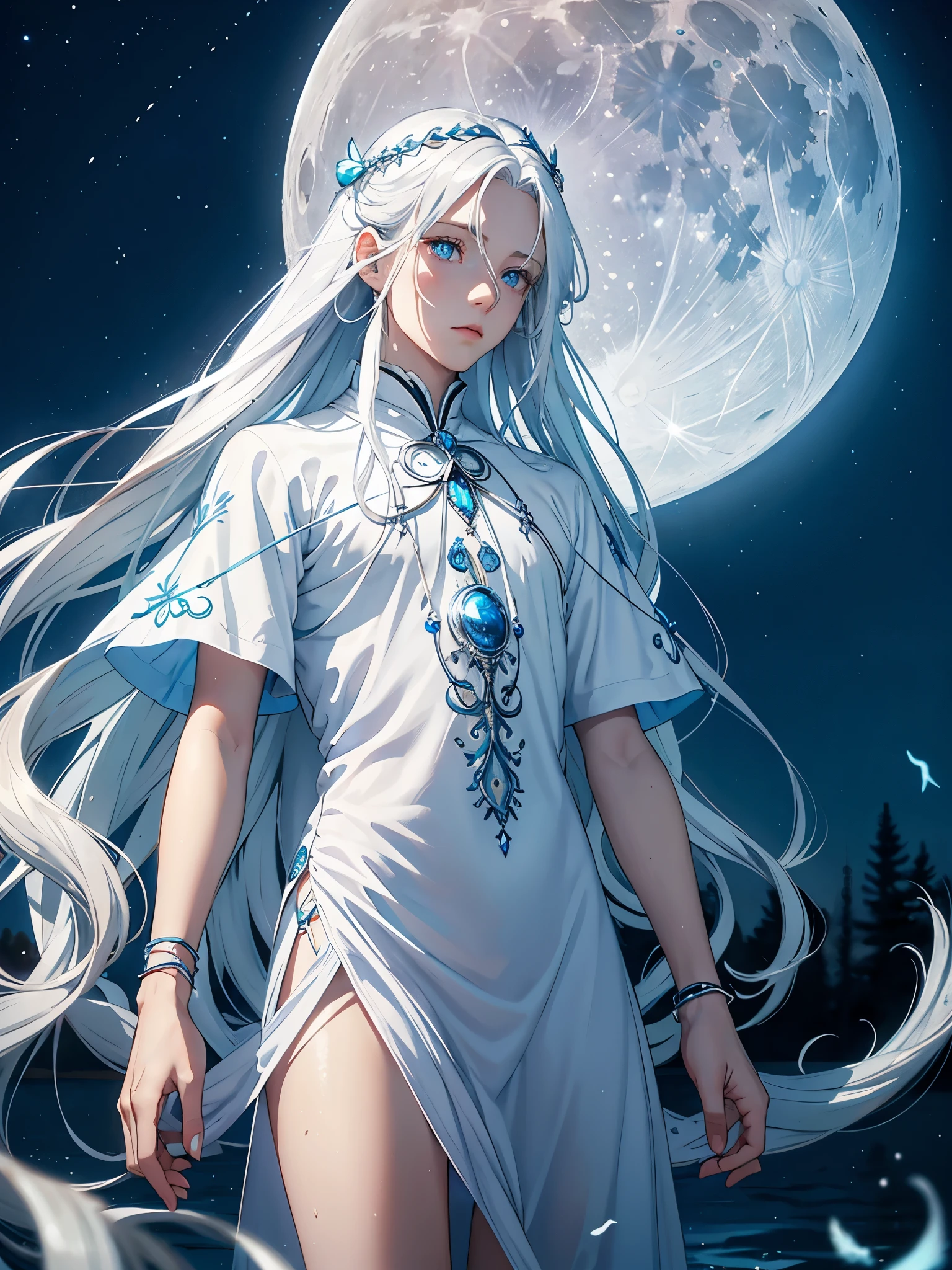 Blue birds. Long hair. long white hair. aquatic, boy, Goddess of the Moon, silver hair accessories, White hair, White dress, cape, at night, saturated colors, light eyes, bright, light blue light, blue eyes, Jewelry silver, bluish light, Full moon in the background, aquatic in der Luft rosa kerzen