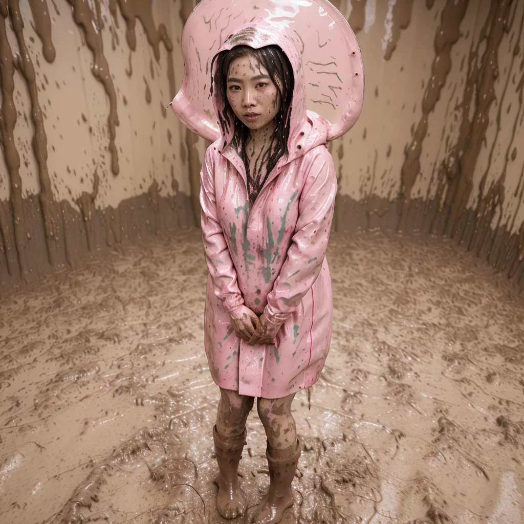 asian lady, cute pose, ((pink buttoned up raincoat)), ((wearing raincoat hood)), tall pink rain boots, ((((muddy splatters)))), ((mud dripping down raincoat)),  intricate details, highly detailed, masterpiece, 8k, photorealistic, cinematic lighting, vibrant colors, soft focus, elegant, feminine, beautiful, serene, graceful