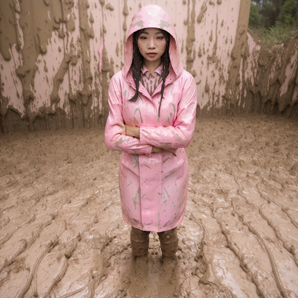 asian lady, cute pose, ((pink buttoned up raincoat)), ((wearing raincoat hood)), tall pink rain boots, ((((muddy splatters)))), ((mud dripping down raincoat)), intricate details, highly detailed, masterpiece, 8k, photorealistic, cinematic lighting, vibrant colors, soft focus, elegant, feminine, beautiful, serene, graceful
