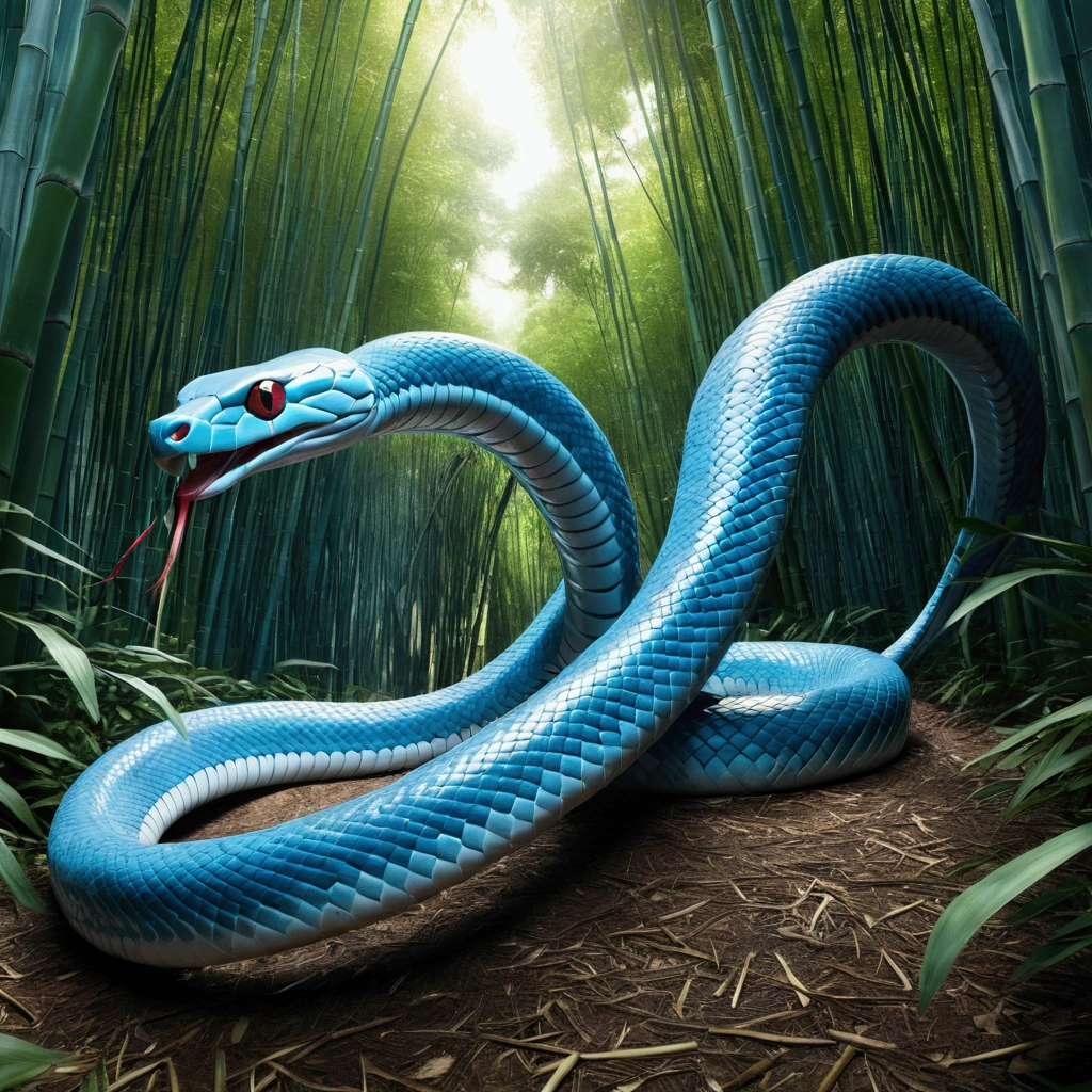 Entangled in a huge pale blue snake,in bamboo forest,Folk suspense comic book style,SENSE OF CINEMA,photorealestic,。.3D, wings on its back