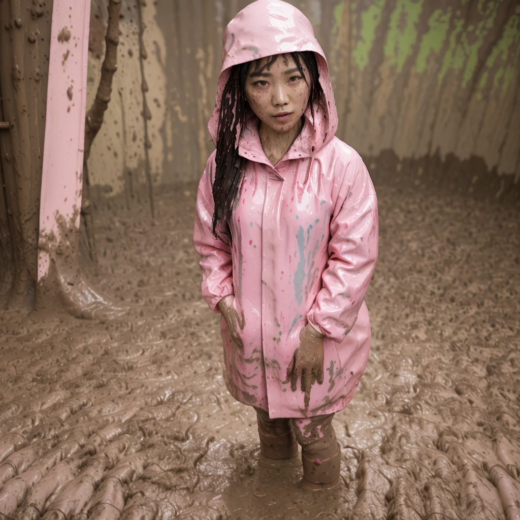 asian lady, cute pose, ((pink buttoned up raincoat)), ((wearing raincoat hood)), tall pink rain boots, ((((muddy splatters)))), ((mud dripping down raincoat)),  intricate details, highly detailed, masterpiece, 8k, photorealistic, cinematic lighting, vibrant colors, soft focus, elegant, feminine, beautiful, serene, graceful