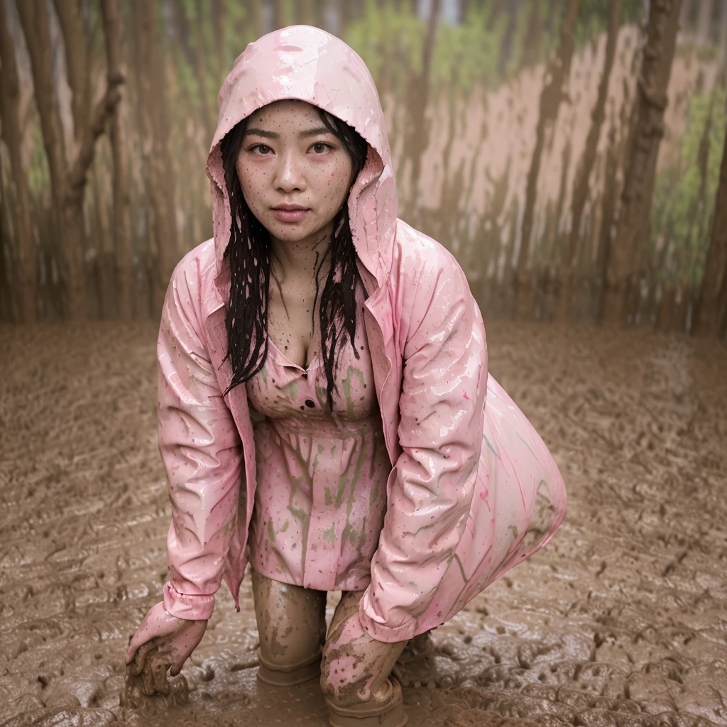 asian lady, cute pose, ((pink buttoned up raincoat)), ((wearing raincoat hood)), tall pink rain boots, ((((muddy splatters)))), ((mud dripping down raincoat)),  intricate details, highly detailed, masterpiece, 8k, photorealistic, cinematic lighting, vibrant colors, soft focus, elegant, feminine, beautiful, serene, graceful