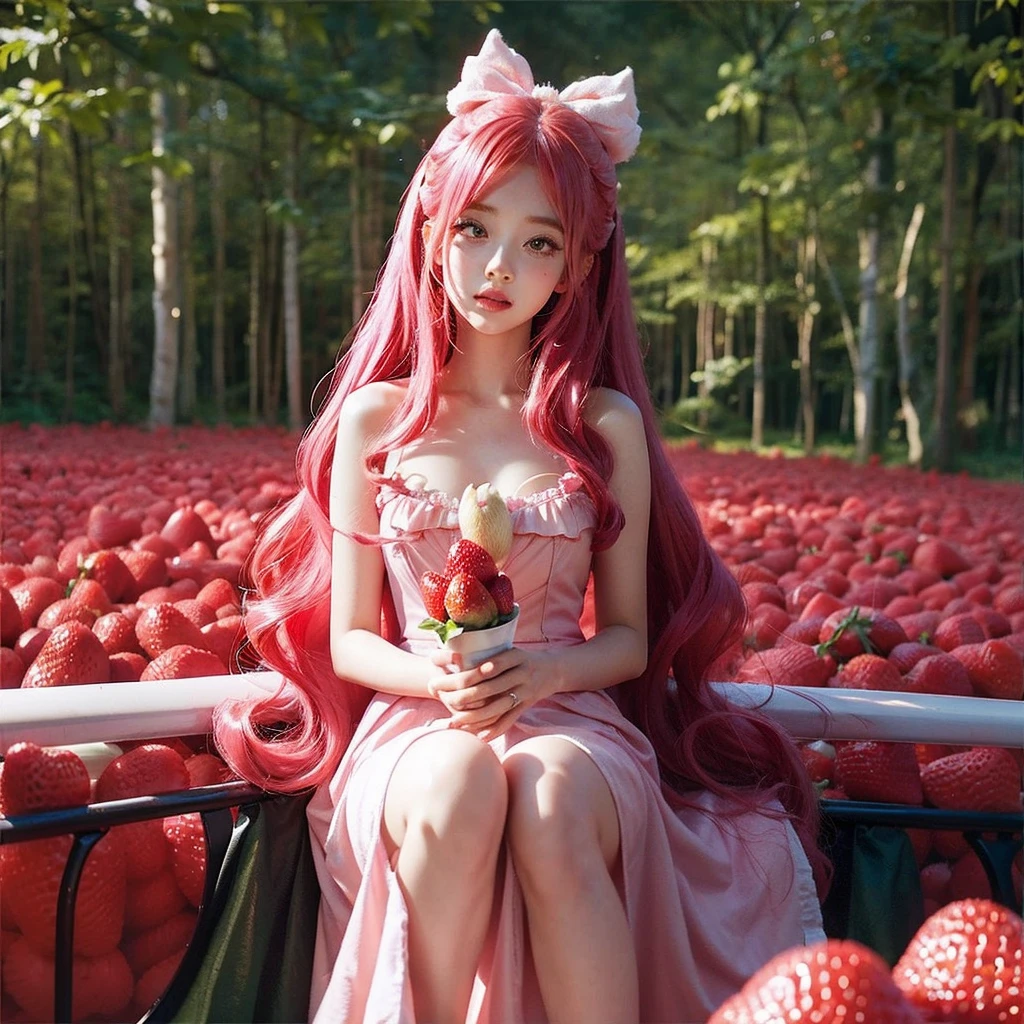 
araffe girl with pink hair sitting in a field of strawberries, belle delphine, red wig, anime girl cosplay, anime barbie doll, anime girl in real life, fairycore, beautiful anime style, curly pink hair, long flowing pink hair, pink and red color style, kawaii hair style, anime cosplay, beautiful pink little alien girl, with curly red hair Green eyes wearing a cute hair bow pink background 