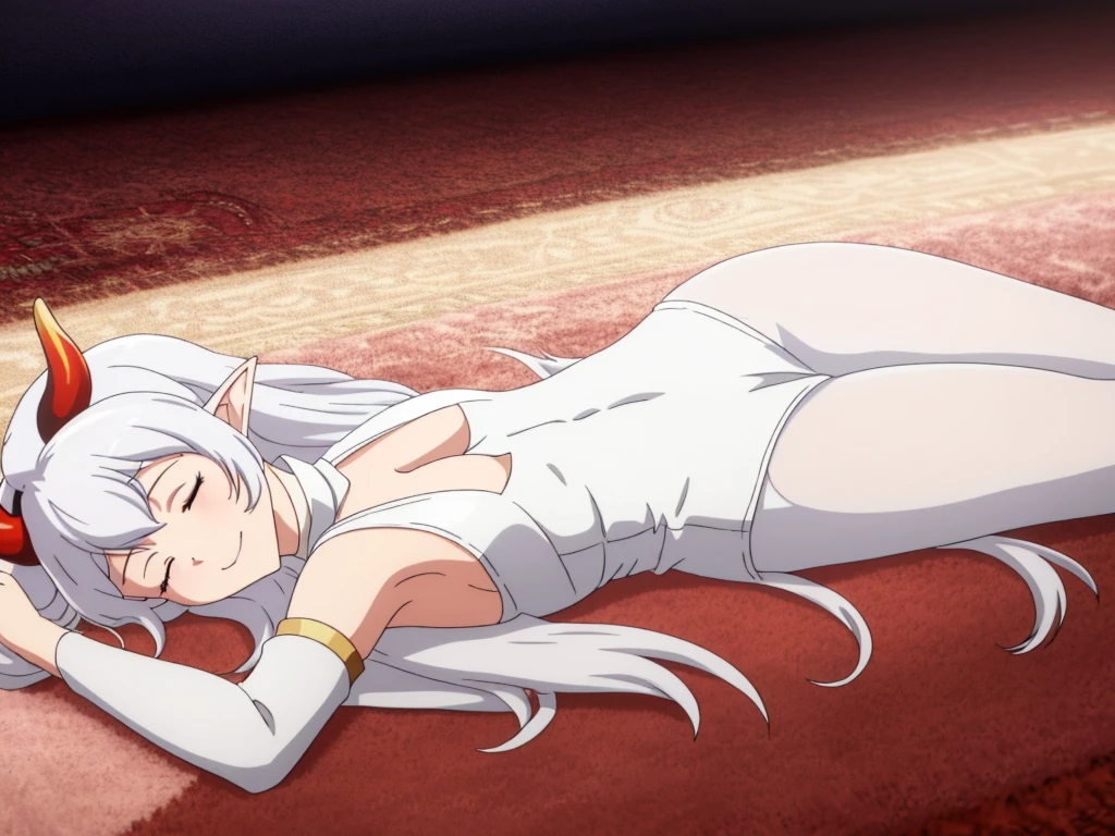 1girl,20s,solo,white short dress,white hair,long hair,elf ears,horns,white pantyhose,cleavage,closed eyes,((lying down, on the carpet)),smile,happy,o:,