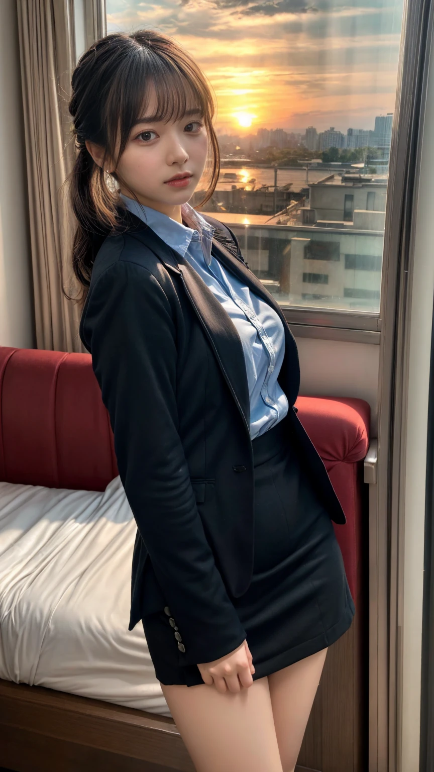 masterpiece, best quality, illustration, Super detailed, fine details, High resolution, 8K,wall paper, perfect dynamic composition,(Details High quality, realistic depiction of eyes:1.3), Office Lady, ,Suit,Collared shirt, Black Suit,Black jacket, updo, huge breasts, Colossal tits, black hair color, Big Natural Color Lip, bold sexy pose, crying a little、20 year old girl、cute type、lolita、beautiful legs, hotel room, full body photo、focus on crotch, hposing Gravure Idol, Sexy shot looking at camera, Sunset, by the window, Summer, make up, Curve