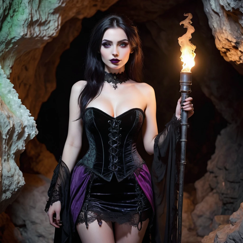 gothic scenario: Cave of dark crystals, with glowing stalactites and stalagmites, lit by ancient torches and a soft light coming from fissures in the rock walls. gothic clothes: Short black velvet dress with lace details, fitted corset, without panties and bra. Pose: Standing in the center of the cave, with one hand holding a torch and the other resting at the side, looking at the camera with a mysterious look, in a sensual pose that highlights every detail of the body. Physical characteristics: 20 year, light green eyes with dark makeup around them, shoulder length black hair with purple dyed ends, long neck, discreet smile with dark lipstick, Small face, Bust Big, V shape, slim, average height, athletic body, pale skin, Gothic style.