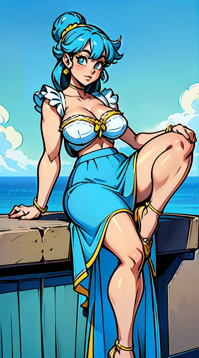 a cute girl beautiful attraction big chest blue hair Caribbean short round wearing shell hair her bright blue eye she dresses in a white shirt yellow lace thread collar and her long blue skirt sea shape yellow heel