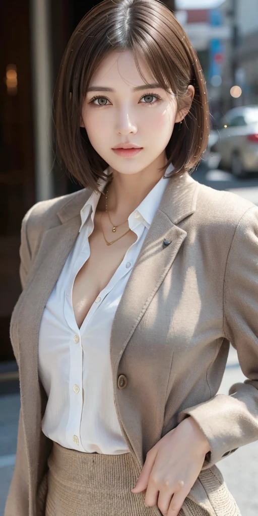 Photorealistic、Masseter muscle area、expensiveest quality、High resolution、RAW Photos、Realistic、Bright lighting、Face Light、Smooth Professional Lighting、alone、Japanese women、Half beautiful、Adult female、Beautiful woman、Modeled、so beautiful、Realistic skin、Realistic face、Beautiful Eyes、Brown eyes、Inconspicuous tear bags、slim、Medium sized big breasts、short hair、Brunette colored hair、looking at the camera、seems to be happy、Camel Toe、Grey jacket、Grey mini pleated skirt、White shirt、Open chest、expensive 、