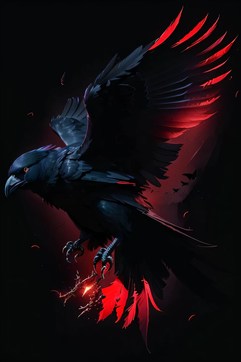 a close up of a bird flying in the dark with red and black feathers, raven wings, dark raven, ravens as a symbol of death, raven monster, dark feathered wings, black ravens, ravens, beautiful ravens, raven in cybernetic armor, in style dark fantasy art, crow, ravenous, green phone background wallpaper hq 4k, by Galen Dara