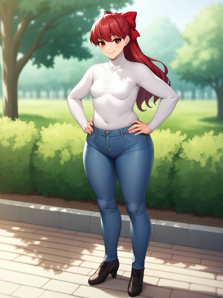 ((mature)), Kasumi Yoshizawa has become a mature woman, Realistic denim texture, chubby upper body but small breasts, dskasumi, red hair, long hair, ponytail, red eyes, hair bow, 1girl, solo, ((height 150cm)), thick thighs, Bow legs, Beautiful face but chubby face, Chubby kasumi yoshizawa, Hands on hips, Stand up straight, ((Full body)), (low head 1.5), A little chubby body type and small breasts, masterpiece, tight denim pants, ((small breasts)), thick legs++, Full body+, Solo, Swollen face, 1 woman, (white long sleeve tutleneck 1.5,) (tight turtle neck 1.5), white turtle neck, navy blue Denim pants, thick thighs, low rise navy blue denim pants, solo, simple background, masterpiece, best quality, black hair, A chubby figure that seems real, smile, 
BREAK, red ribbon
outdoors, park, trees, dappled sunlight, depth of field, cinematic, game cg, official art, masterpiece, best quality
