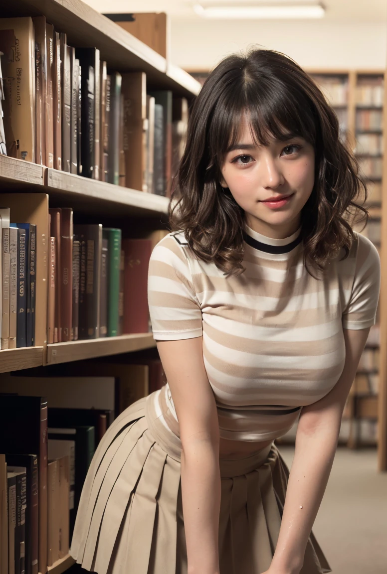 (((neat woman, perverted:1.9,hand on mouth,deep make up:1.8,touch own nipples over clothes:1.9,little pussy juice:1.9))),(((leaning forward,from below,huge breasts:1.8,kind smile:1.8,blush:1.8,deep cheek:1.8))),please touch me,eat me,tempting viewer,i want you))),(((blush,blush,deep cheek,deep cheek)))),(cinematic lighting), (Photo real:1.4)、(A hyper-realistic:1.4)、(Photorealistic:1.3)、 (gentle lighting: 1.05)、(Improve the lighting quality of your video:0.9)、 32k、25years old woman、photorealistic lighting、Back lighting、Facial Lights、Ray Trace、(bright:1.2)、(Increase quality:1.4)、 (best quality real texture skin)、Fair eyes,delicate face、 Close-up of the face, ((((Wearing the tight black striped cotton t-shirts,high-neck,pleated beige skirt,high-heel:1.4))),(Bodyline mood improvement:1.1)、Glossy skin、good figure,perfect anatomy,Beautiful actress,(((beautiful huge soft breasts:1.8,huge breasts,slender waist,slender hip,long slender legs,8heads tall))),(((8heads tall))),(((brown wavy midium hair,bangs))),(((sweat skin,shiny skin,in the beautiful library,super clean night view,in the night))),