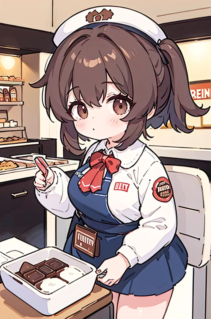 fast food worker, cooking milk chocolate, brown hair,medium breast