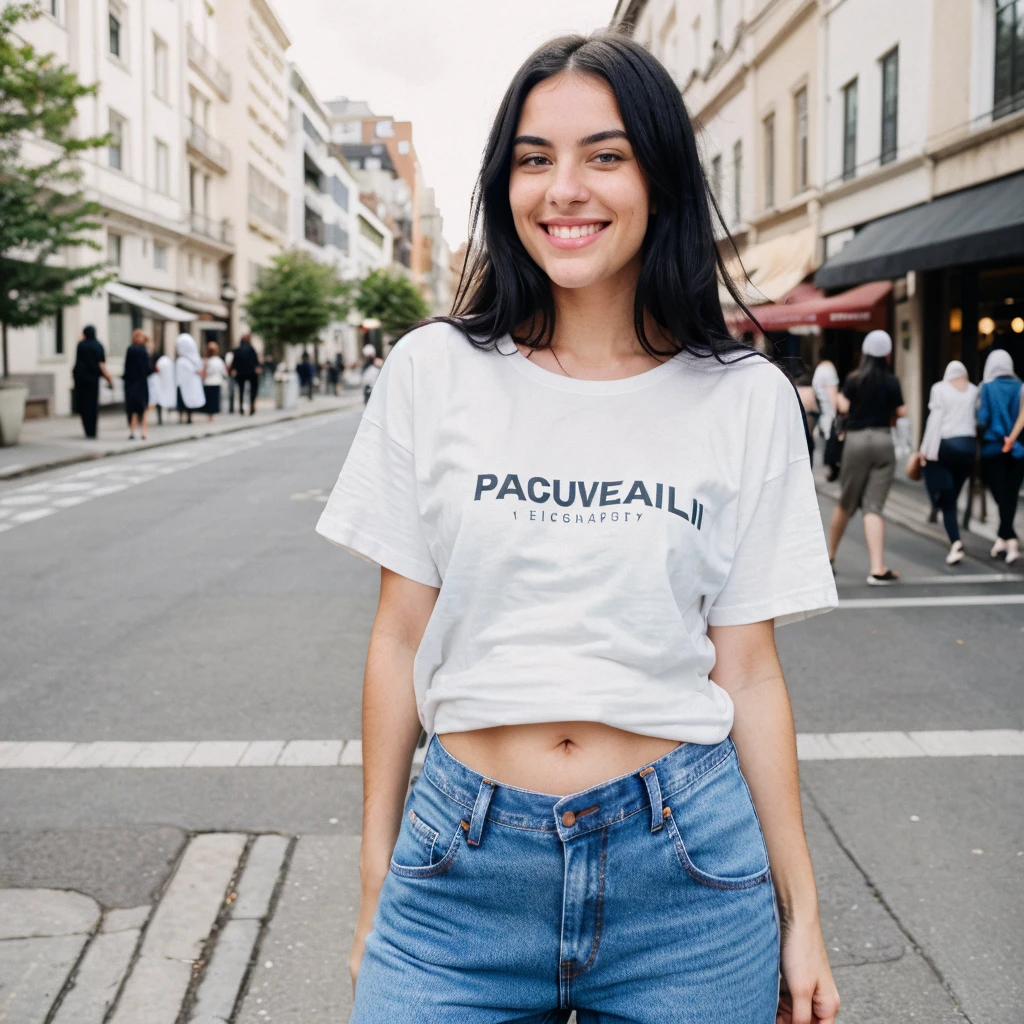 A hyper realistic image of a beautiful young Caucasian woman with round face, black hair, smiling. She is wearing a plain (baggy) t-shirt and jeans. In street. (Modest dressing) properly dressed. (((Number of persons:1)))